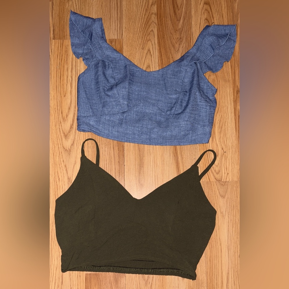 SHEIN Blue Flutter Sleeve Crop Top and SHEIN Green Spaghetti Strap Crop Top